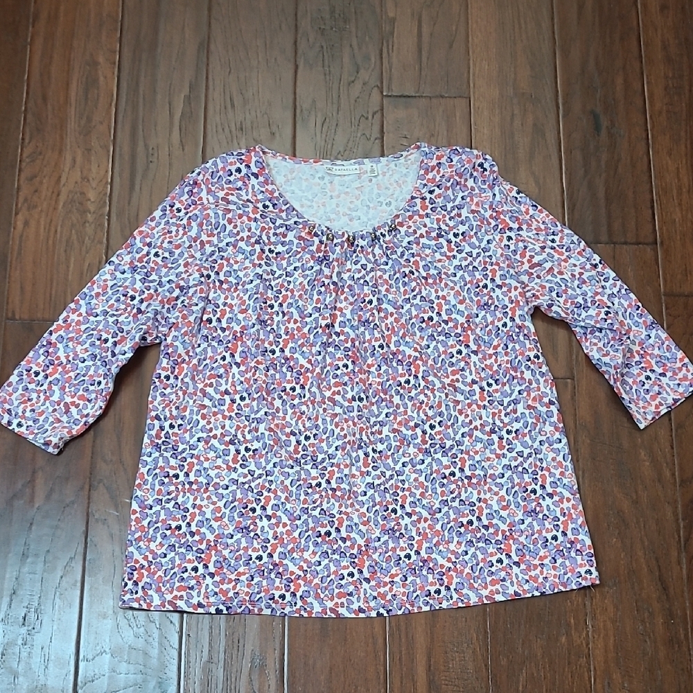 Rafaella Colorful Patterned Blouse with 3/4 Sleeves & Gold Beads at the Neck 2X